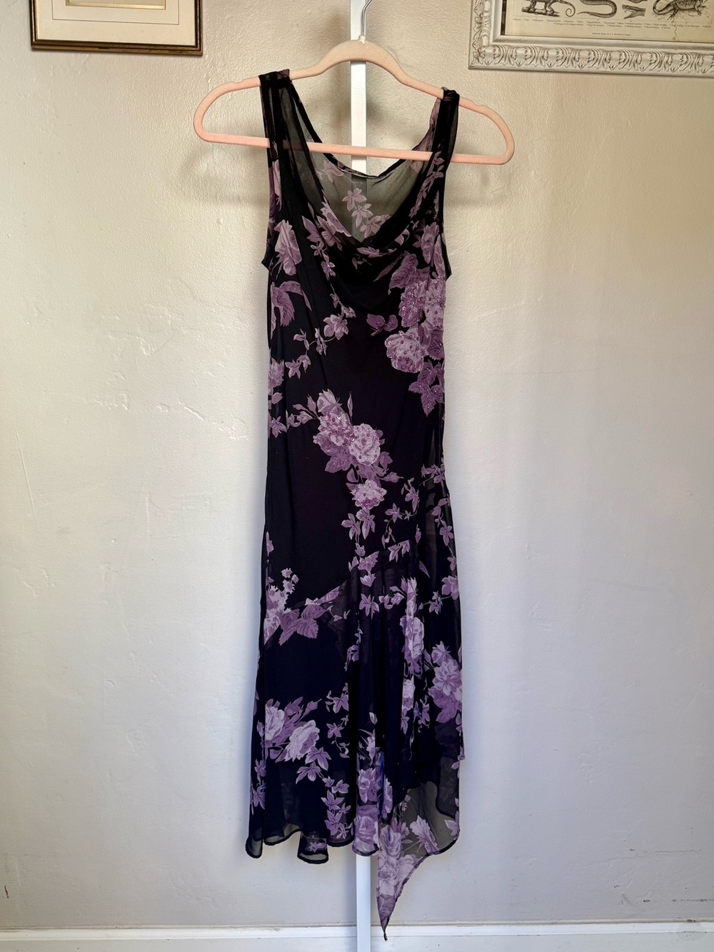 Vintage Y2K Beaded Fairy Dress Black with Lavender Floral Print Print
